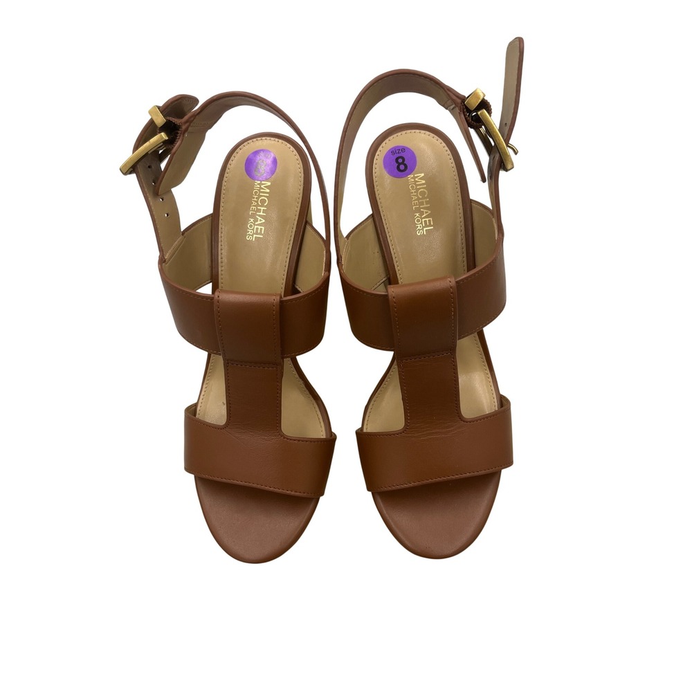 Michael Michael Kors Becker T-Strap Leather Sandals Luggage Brown 8M  JLA6UP - Picture 2 of 6
